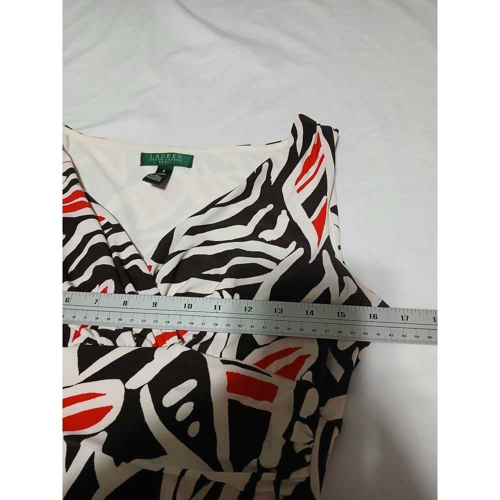 Lauren Ralph Lauren Black Red White Abstract Print Ruched Sheath Dress Size 8 - Picture 5 of 9